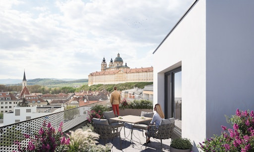 Vorschau Bild von Bis Ende 2027 entstehen im Herzen von Melk 27 freifinanzierte
Eigentumswohnungen, davon 2 exklusive Penthouse-Wohnungen mit
atemberaubendem Blick auf das Weltkulturerbe Stift Melk.