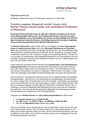 Vorschau Bild von Presseinformation der Richter Pharma AG zur Wirtschaftspressekonferenz 2026 v. 23. April 2026