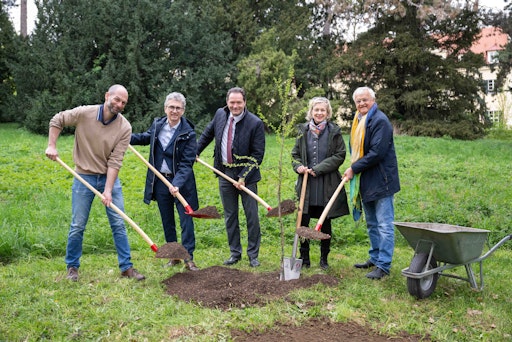  Tatkräftige Unterstützung bei der Pflanzung des Baumes des Jahres
2026 erhielt Forstminister Norbert Totschnig (Mitte) von den
Schülerinnen und Schülern der HBLFA Gartenbau in Wien (v.l.n.r.) mit
Institutsleiter Daniel Rohrauer, BFW-Direktor Peter Mayer,
Forstwirtschaft und Regionen Sektionschefin Elfriede Moser und
Gerhard Heilingbrunner vom Kuratorium Wald.