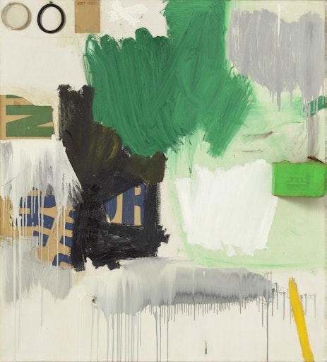 Vorschau Bild von Öl, bedrucktes Papier, Karton, Gummi, Plastik, Nägel und Haken
auf Leinwan, Courtesy Galerie Thaddaeus Ropac, London · Paris ·
Salzburg · Milan · Seoul © The Robert Rauschen-berg Foundation /
Bildrecht, Wien 2026, Foto: Ulrich Ghezzi