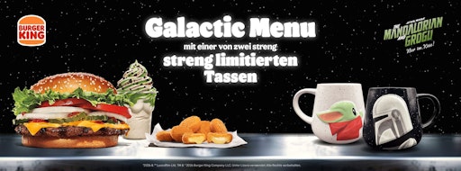  Gemeinsam mit Disney bringt BURGER KING® Österreich ab sofort ein
exklusives „Galactic Menu“ in die österreichischen Restaurants,
inspiriert von der Erfolgsserie The Mandalorian aus dem Star Wars
Universum, die seit Jahren weltweit Fans begeistert.