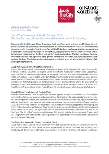 Vorschau Bild von Presseinfo Jazz&TheCitysounds 2026_Altstadtverband Salzburg