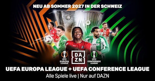 Vorschau Bild von DAZN ist führend im europäischen Fußball und wird bis 2031 zur
Heimat der UEFA Champions League in Österreich sowie der UEFA Europa
League und UEFA Conference League in der Schweiz - In der Schweiz
sichert sich DAZN ab 2027/28 die kompletten Live-Rechte an der UEFA
Europa League und der UEFA Conference League // Weiterer Text über
ots und www.presseportal.de/nr/133863 / Die Verwendung dieses Bildes
für redaktionelle Zwecke ist unter Beachtung aller mitgeteilten
Nutzungsbedingungen zulässig und dann auch honorarfrei.
Veröffentlichung ausschließlich mit Bildrechte-Hinweis.