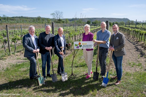 v.l.n.r.: Chris Yorke, Geschäftsführer Österreich Weinmarketing,
Peter Molnar, Bürgermeister Krems, Ludwig Holzer, Geschäftsführer
WINZER KREMS eG, Tanja Dietrich-Hübner, Vorständin Blühendes
Österreich, Ronald Würflinger, Generalsekretär Blühendes Österreich,
Andreas Streit, Leitung Nachhaltigkeit BILLA AG