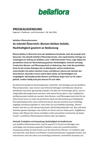 Vorschau Bild von Presseaussendung bellaflora Pflanzenbarometer So schenkt Österreich: Blumen bleiben beliebt, Nachhaltigkeit gewinnt an Bedeutung