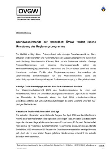Vorschau Bild von Presseaussendung - Grundwasserstände auf Rekordtief: ÖVGW fordert rasche Umsetzung des Regierungsprogramms