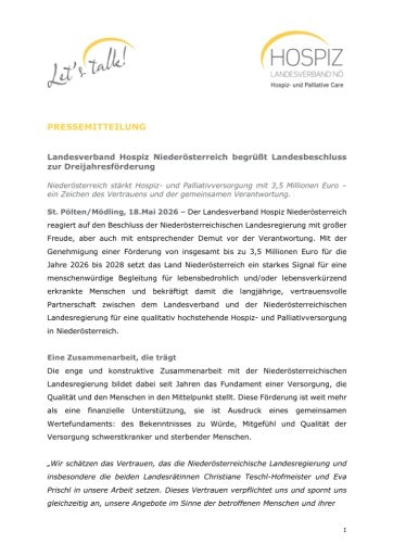 Vorschau Bild von Pressemitteilung Stellungnahme Landesverband Hospiz Niederösterreich 18052026