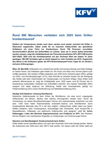 Vorschau Bild von Eine Presseaussendung des KFV, die die aktuellen Unfallzahlen zu Grillunfällen sowie Tipps für sicheres Grillvergnügen beschreibt. Fokus liegt dabei auf Kindersicherheit und die Rücksichtnahme auf die Umgebung und Nachbarschaft.