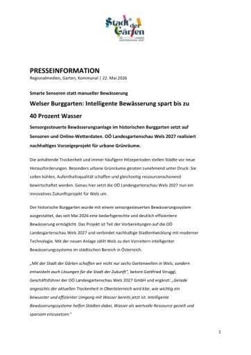 Vorschau Bild von Welser Burggarten: Intelligente Bewässerung spart bis zu 40 Prozent Wasser