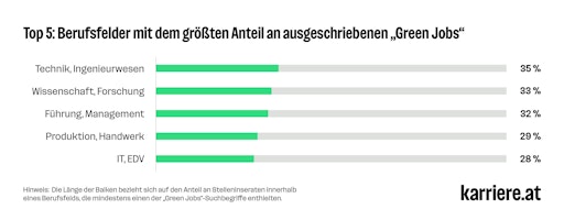 Vorschau Bild von Balkendiagramm: Top 5: Berufsfelder mit dem größten Anteil an
ausgeschriebenen „Green Jobs“. Zu sehen sind fünf Balken
untereinander. Neben dem längsten ganz oben steht „Technik,
Ingenieurwesen“ – in diesem Berufsfeld war 2025 der Anteil an „Green
Jobs“ mit 35 Prozent am höchsten, gefolgt von „Wissenschaft,
Forschung“ (33%), „Führung, Management“ (32%), „Produktion,
Handwerk“ (29%) und „IT, EDV“ (28%).