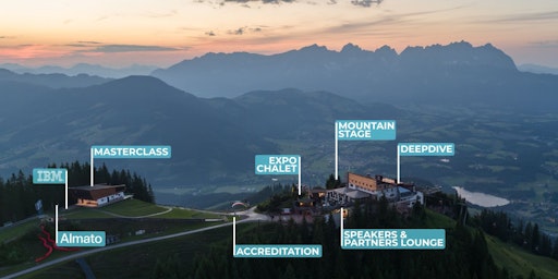  Übersicht der Konferenz-Areale des AI Summit Kitzbühel (17.–18.
Juni 2026): Die Hahnenkamm-Bergstation auf 1.700m beherbergt die
gläserne Mountain Stage, die Expo Area mit Chalet und Glas-Pagoden
sowie Masterclass-Räume im Starthaus der Streif. Zugang
ausschließlich per Gondelbahn.