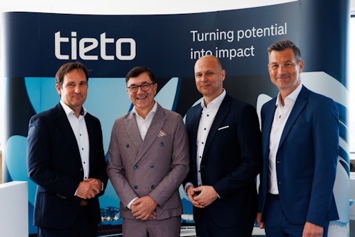  Gruppenfoto – im Bild v.l.n.r.: Hermann Erlach (General Manager
Microsoft Österreich), Andreas Wagner (Geschäftsführer SAP
Österreich), Robert Kaup (Geschäftsführer Tieto Österreich), Lukas
Keller (Head of Business Development Tieto Österreich)