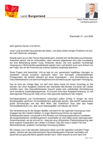 Vorschau Bild von Offener Brief LH Doskozil Spitalsreform
