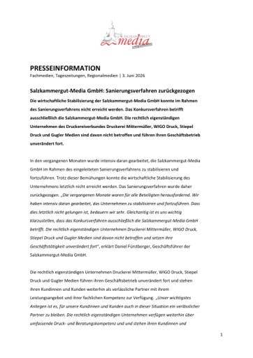 Vorschau Bild von Salzkammergut-Media GmbH: Sanierungsverfahren zurückgezogen