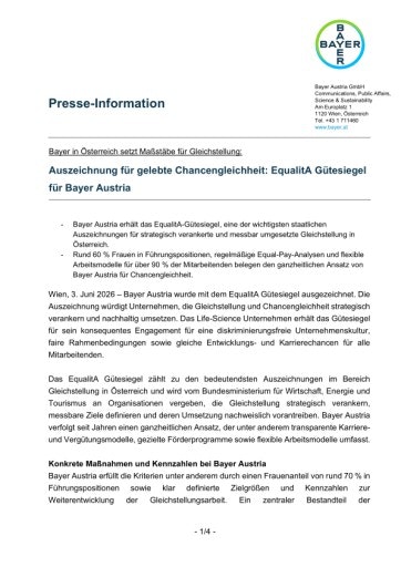 Vorschau Bild von Presseinformation "Auszeichnung für gelebte Chancengleichheit: EqualitA Gütesiegel für Bayer Austria"