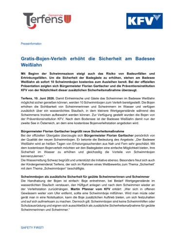 Vorschau Bild von Eine Presseaussendung des KFVs und der Gemeinde Terfens: Am Badesee Weißlahn gibt es ab sofort Schwimmbojen, die man sich gratis ausleihen kann. Zudem werden Präventionstipps zum sicheren Schwimmen geteilt.