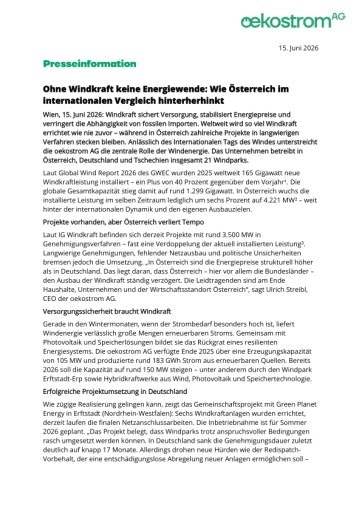 Vorschau Bild von Presseaussendung oekostrom AG: Ohne Windkraft keine Energiewende: Wie Österreich im internationalen Vergleich hinterherhinkt