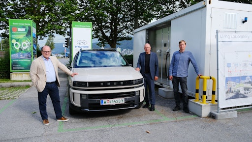Roland Punzengruber, Ernst Fleischhacker und Nikolaus
Fleischhacker vor dem neuen Hyundai NEXO und dem HyWest Living Lab
des Green Energy Center Europe. Das Bild steht für zehn Jahre
Zusammenarbeit von Industrie, Start-ups und Forschung innerhalb der
GEC-Codex-Partnerschaft und für den Richtungsvektor in die Zukunft.