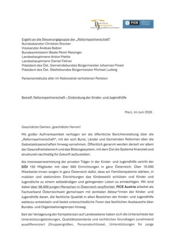 Vorschau Bild von Offener Brief von DÖJ und FICE Austria an die Kernverhandlungsgruppe der "Reformpartnerschaft"