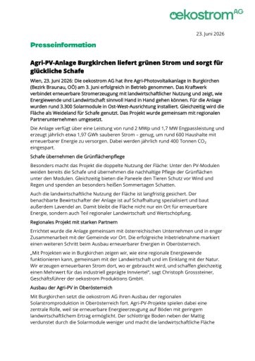 Vorschau Bild von Presseaussendung: Agri-PV-Anlage Burgkirchen liefert grünen Strom und sorgt für glückliche Schafe
