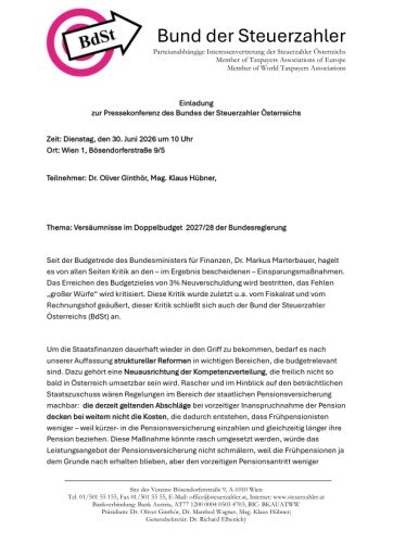 Vorschau Bild von Einladung zur Pressekonferenz des Bund der Steuerzahler am 30. Juni 2026 um 10:00 Uhr in der Bösendorferstraße 9/5, 1010 Wien