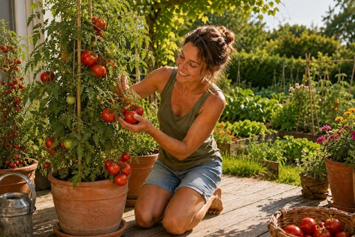 Tomaten brauchen im Sommer einen sonnigen, geschützten Standort,
regelmäßiges Gießen und ausreichend Nährstoffe, damit sie gesund
wachsen und viele aromatische Früchte tragen.