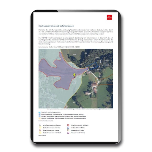 Beispieldarstellung des Hochwasserrisikos und der Gefahrenzonen
im Standortbefund der ZT datenforum eGen.