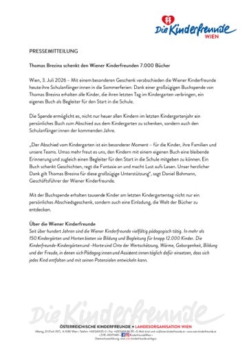 Vorschau Bild von Presseaussendung Bücherspende von Thomas Brezina an Wiener Kinderfreunde