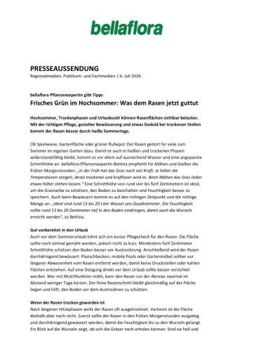 Vorschau Bild von Frisches Grün im Hochsommer: Was dem Rasen jetzt guttut - bellaflora Pflanzenexpertin gibt Tipps