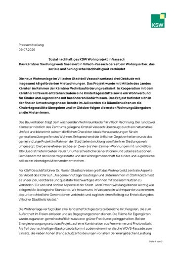 Vorschau Bild von Pressemitteilung KSW Wohnprojekt Villach-Vassach
