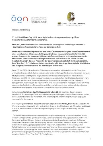 Vorschau Bild von Presse-Information der Österreichischen Fachgesellschaft für Neurologie (ÖGN) anlässlich des World Brain Day 2026