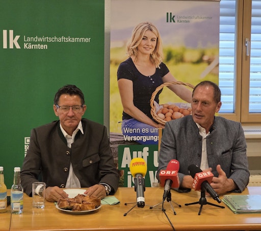 LK Kärnten-Präsident Siegfried Huber (l.) und LKÖ-Präsident Josef
Moosbrugger bei einem Pressegespräch anlässlich des Sommertreffens
aller Landwirtschaftskammerpräsidenten.
