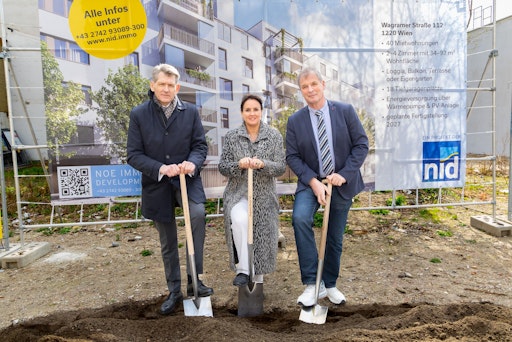 Mit fünf Projektstarts in Wien und Niederösterreich hat die NID
im ersten Halbjahr wichtige Impulse für die weitere
Unternehmensentwicklung gesetzt. Einer davon Mitte März in Wien 22
wo aktuell 40 Mietwohnungen bis Ende 2027 errichtet werden.
