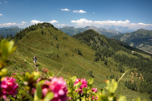  Person ist auf der Etappe "Die Erlebnisreiche" der Sternwanderung
"Hütten- & Gipfelglück" im Großarltal unterwegs. Die Person geht auf
einem Grat entlang, im Hintergrund die Berggipfel.
