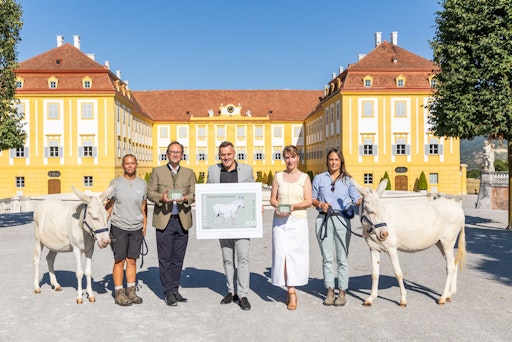 v.l.: Eselstute Lara von Schloss Hof, Emely Hanke, Tierpflegerin
auf Schloss Hof, Andreas Minnich, Abgeordneter zum Nationalrat in
Vertretung von Landeshauptfrau Johanna Mikl-Leitner, Klaus
Panholzer, CEO/Geschäftsführer, Schönbrunn Group, Patricia
Liebermann, Leiterin Philatelie, Österreichische Post, Katharina
Tschann, zoologische Leiterin der Tierwelt auf Schloss Hof,
Präsidentin des Vereins zur Erhaltung der Weißen Barockesel, und
Eselstute Anneliese Neusiedlersee, Mutter von Lara von Schloss Hof