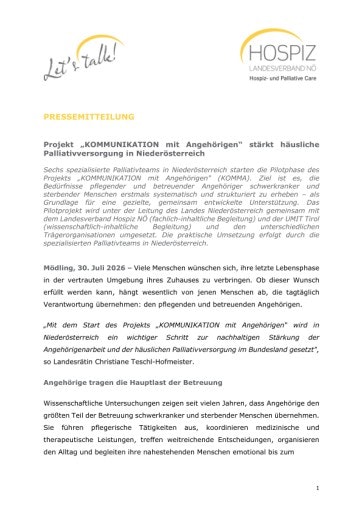 Vorschau Bild von Pressemitteilung Projekt „KOMMUNIKATION mit Angehörigen“ stärkt häusliche Palliativversorgung in Niederösterreich, 30.07.2026