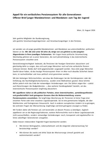 Offener Brief zum Tag der Jugend. Unterzeichner:innen sind Sophie Wotschke, Fabienne Lackner, Susanna Riedlsperger und Christoph Müller. In dem offenen Brief fordern sie einen parteiübergreifenden Pensionsschulterschluss. Verfasser: JUNOS
