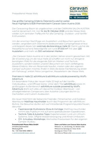 Vorschau Bild von Presseaussendung Caravan Salon Austria 2026