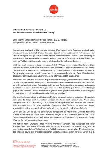 Vorschau Bild von Offener Brief der Rondo Ganahl AG an S.O.S. Walgau: Für einen fairen und faktenbasierten Dialog