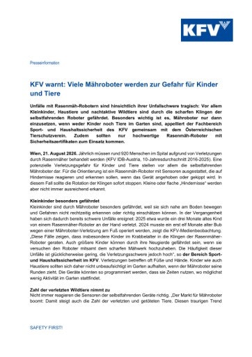 Vorschau Bild von Eine Presseaussendung des KFV mit dem Österreichischen Tierschutzverein, um auf die Gefahr für Kinder und Tiere aufmerksam zu machen, die durch Mähroboter ausgeht.