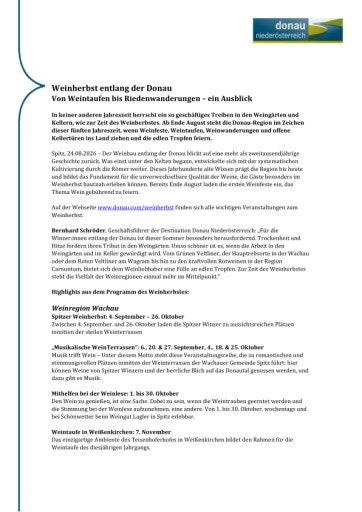 Vorschau Bild von Presseaussendung zum Weinherbst in den Weinregionen Wachau, Kremstal, Kamptal, Wagram, Traisental und Carnuntum.