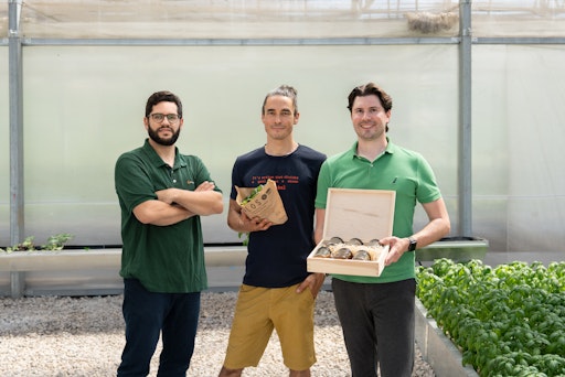 Drei Start-ups, die zeigen, wie Kreislaufwirtschaft funktioniert:
Giacomo Benassi (Kinsect), Matthäus Kircher (Solos) und Manuel
Mairinger (Reploid)