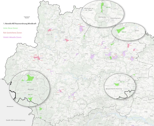 Im Zuge der ersten Novelle des sektoralen Raumordnungsprogramms
Windkraft wurden im September 2024 von der NÖ Landesregierung fünf
neue Windkraftzonen im Waldviertel ausgewiesen: WA101 und WA102
Bärnkopf, WA105 Predigtstuhl, WA107 Sasswald und WA109
Burgschleinitz.