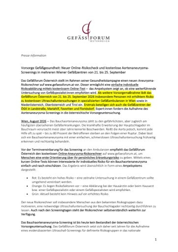 Presse-Information Gefäßforum Österreich: Gefäßvorsorge AAA Screeningtage Wiener Gefäßzentren