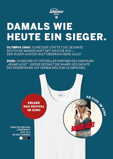 SCHIESSER ist offizieller Partner des Kinofilms Adams Acht //
Weiterer Text über ots und www.presseportal.de/nr/176591 / Die
Verwendung dieses Bildes für redaktionelle Zwecke ist unter
Beachtung aller mitgeteilten Nutzungsbedingungen zulässig und dann
auch honorarfrei. Veröffentlichung ausschließlich mit
Bildrechte-Hinweis.