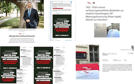 Bildmontage zur TKG-Stellungnahme: DIE-ZEIT-Interview mit
Ex-Bundeskanzler Karl Nehammer („Remigration bedeutet Gewalt“), das
weiterhin abrufbare und von der TKG als stigmatisierend kritisierte
ÖVP-Posting gegen eine Religionsgemeinschaft in Österreich sowie
dokumentierte Eingaben und Reaktionen von TKG,
Verfassungsgerichtshof und Volksanwaltschaft.