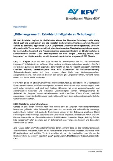 Vorschau Bild von PA AUVA+KFV | „Bitte langsamer!“: Erhöhte Unfallgefahr zu Schulbeginn