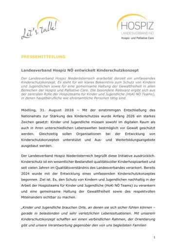 Vorschau Bild von Pressemitteilung Kinderschutzkonzept Landesverband Hospiz Niederösterreich