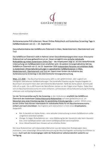 Vorschau Bild von Presse-Info: Kostenlose Gefäßvorsorge,Aortenaneurysma- Screeningtage 21.-25. September, Gefäßforum Österreich
