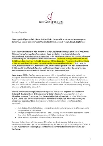 Vorschau Bild von Presse-Info: Gefäß-Screeningtage Uniklinik Innsbruck 21.-25.Sept._Gefäßforum Österreich